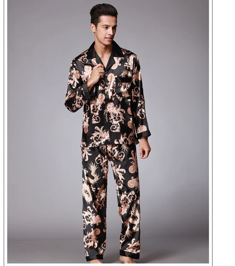 SSH004 High Quality Printed Wedding Mens Pajamas Satin Silk Nightgown Sleepwear Spring Autumn Male Full Sleeves Pants Pajama Set plus size silk pajamas