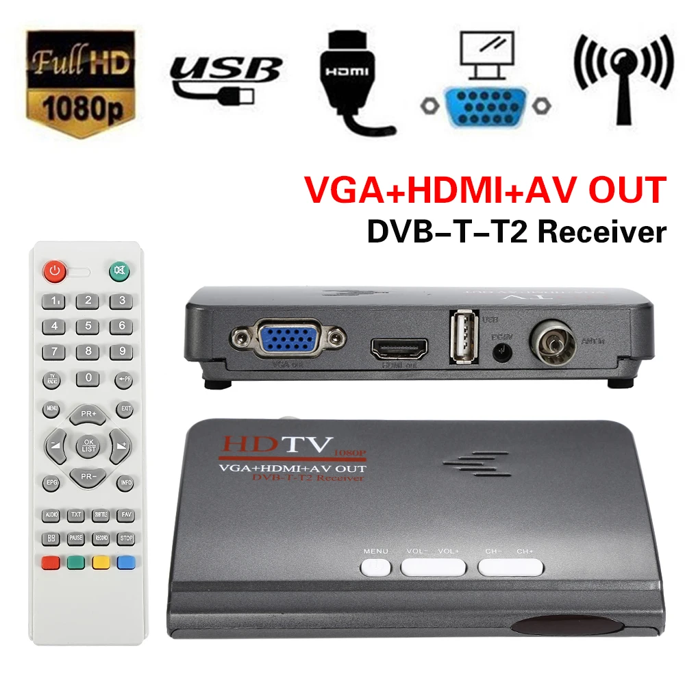 Portable Great 1pc HDMI 1080P VGA DVB T2 TV Box VGA CVBS Tuner Receiver W/ Remote Controlin Set