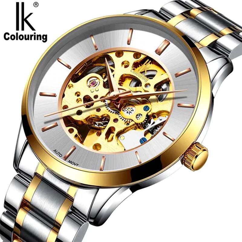 

IK Colouring Retro Hollow Golden Watches Top Brands Luxury Watch Men Skeleton Mechanical Stainless Steel Wristwatch Original Box