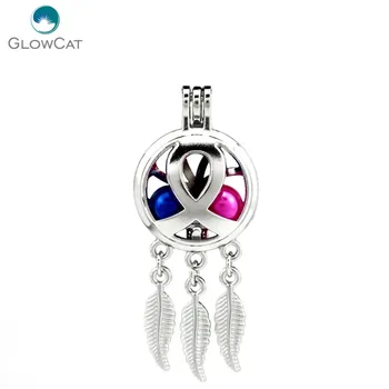 

K725 5pcs/lot Silver Alloy Dream Catcher Ribbon Leaf Pearl Cage Pendant Fairytale Party Essential Oil Diffuser Locket