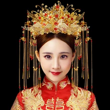 JaneVini Новая роскошная китайская Золотая свадебная корона с серьгами древняя Свадебная заколка с длинной кисточкой Свадебные украшения Аксессуары для волос