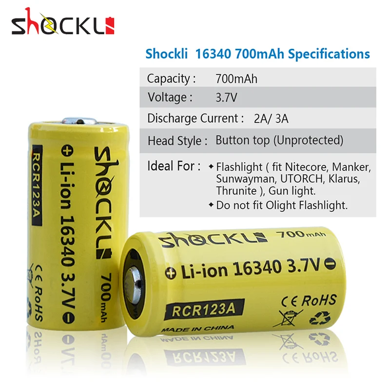 4 шт./лот аккумулятор RCR123A Shockli 16340 700 мАч 3 7 В литий ионный cr123a для домашней камеры