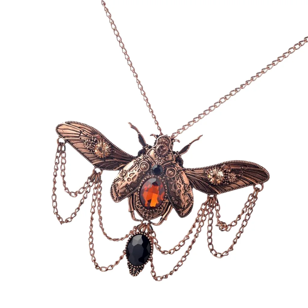 2Pcs Steampunk Vintage Rhinestone Decor Dragonfly Big Beetle Insect Shaped Multigear Gears Women Necklace Gears Chain