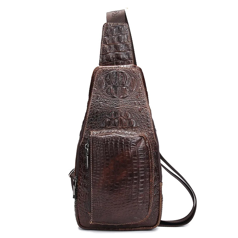 

Newest Men Genuine Leather Shoulder Bag Trending Crocodile Pattern Crossbody Bag Coffee Chest Pack Sling Bags