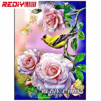 

RF7A052 REDIY LADIY Needlework DIY Diamond Painting Cross Stitch Rose with Bird Square Diamond Embroidery Home Decoration Diamo