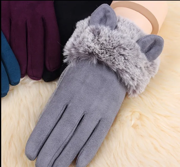 REALBY теплые замшевые перчатки для женщин Gants Femme Hiver милый Кот Дизайнер русский Guantes Femme женские зимние Сенсорный экран перчатки - Цвет: gray