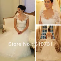 2013 New Design Vestidos De Noivas Cap Sleeves Appliques A Line Lace Wedding Dresses Free Shipping BO1903