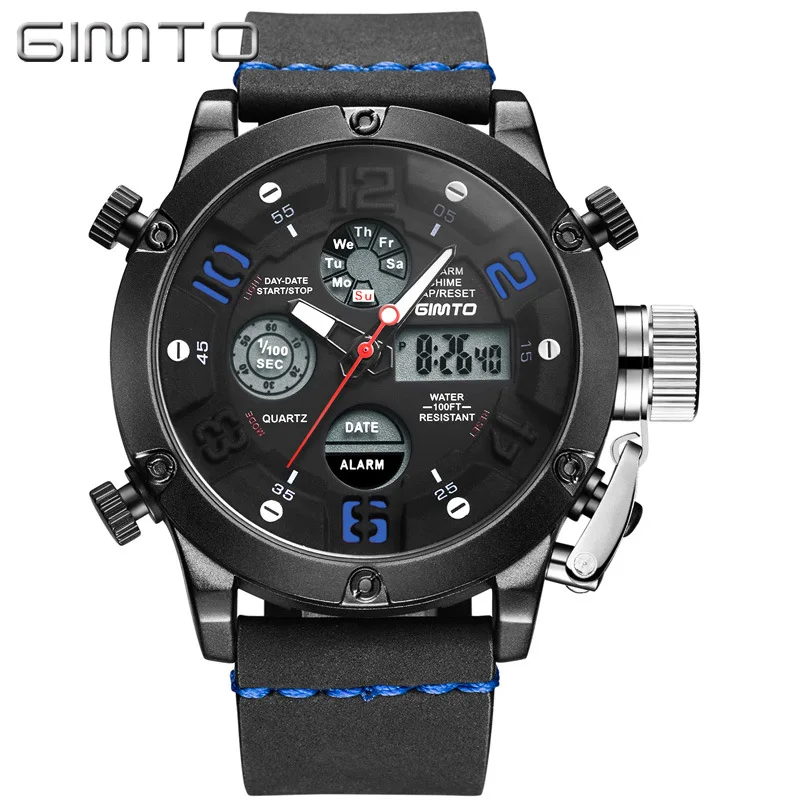 

Multifunction mens digital watches genuine leather man wristwatch waterproof GIMTO brand sports men's watch male clocks