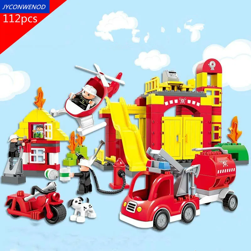 

City Fire Department Firemen Model Building Blocks Compatible DuploINGlys Helicopter Toy For Children birthday Gift