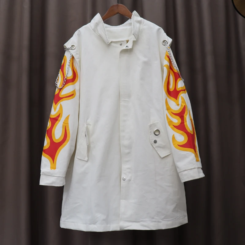 Tranchée blanc Chaîne Femmes Stand Hop Manteau Métal Hip army De Tête Printemps Automne Noir Longue Green Lâche En Tigre Col 3409 Flamme Streetwear Coupe vent Pour 4zwU1xE