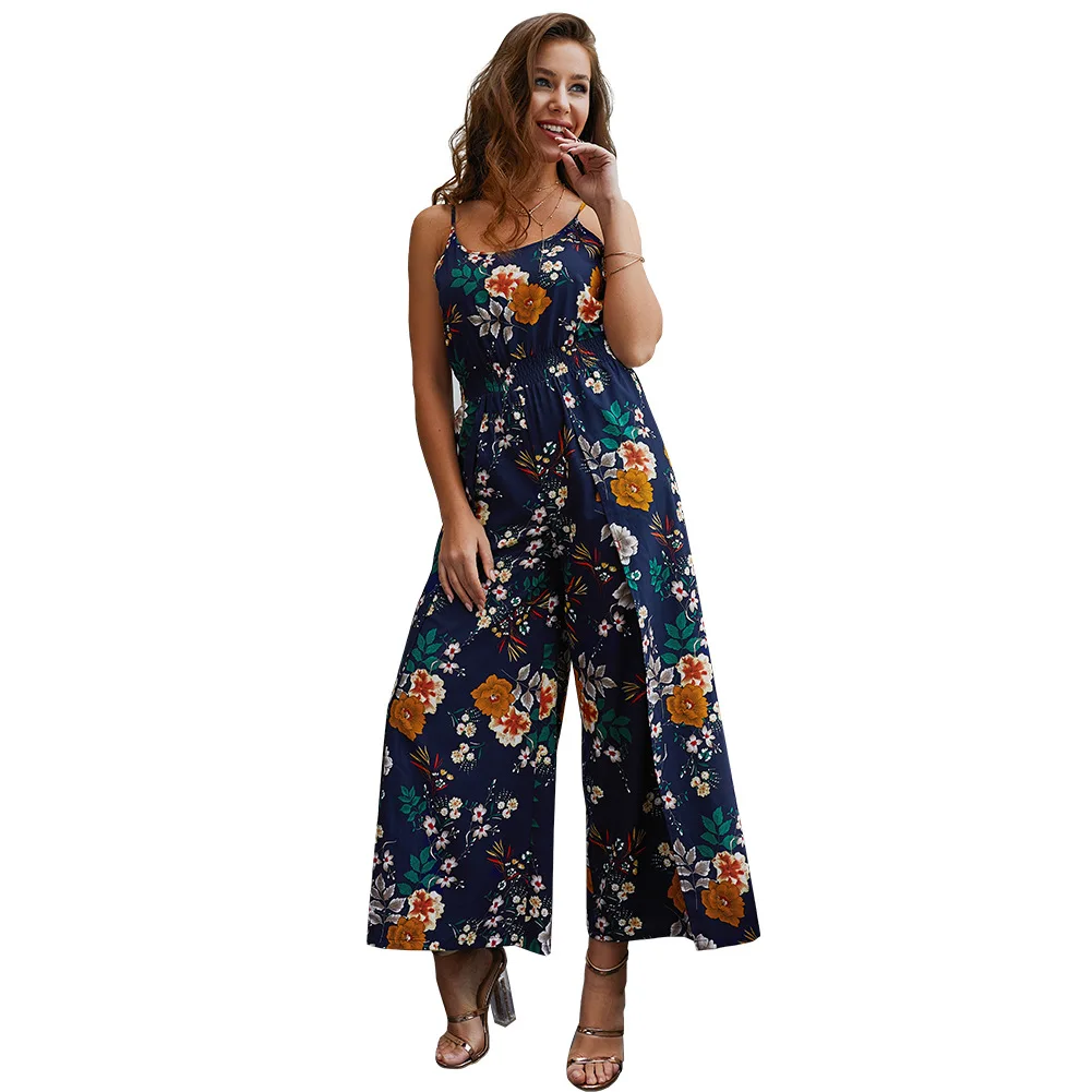 

Strapped floral print women jumpsuit O neck straight split sexy ankle length navy blue long pants tunic elegant holiday jumpsuit