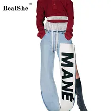 RealShe Женщины Щелевые Джинсы femme Мода Женский 2017 Женские Синий Джинсовые Брюки Случайные Слова, Печати Галстуки Марка Мода Брюки