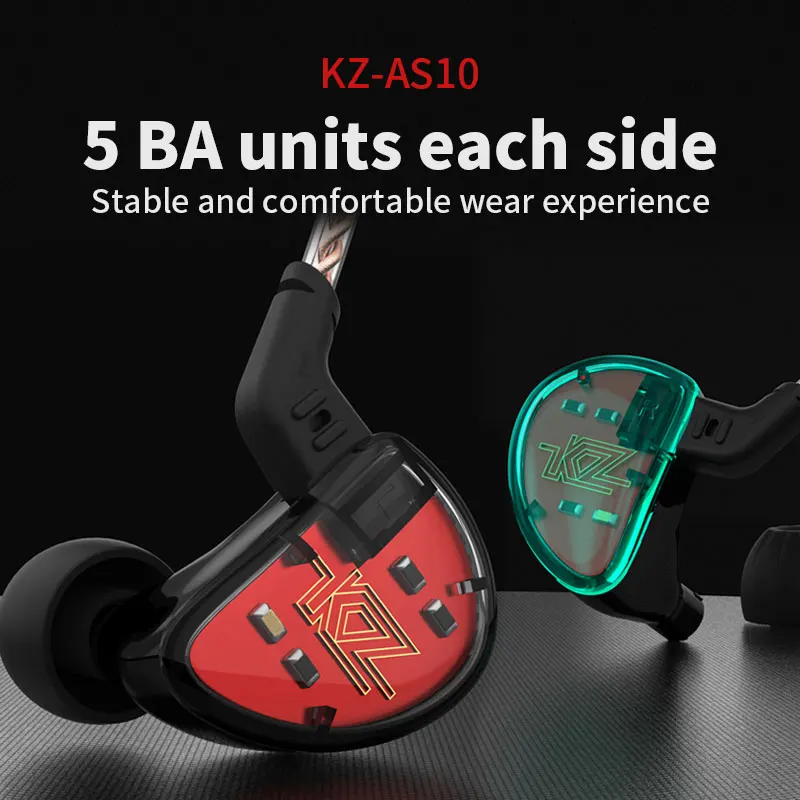 

2018 Newest KZ AS10 5BA Drive Unit In Ear Earphone 5 Balanced Armature Detachable Detach 2Pin Cable DJ HIFI Monitor Earphone