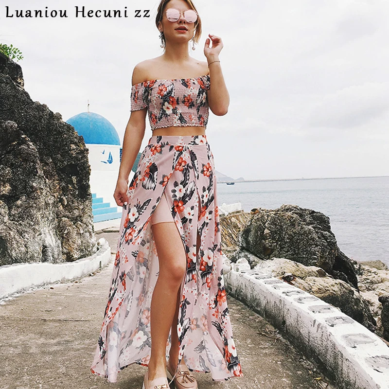 

Chu Ni 2019 New Summer Strapless Tops and Ankle Length Skirt Set Floral Print Short Blouse and Split long Bottom 2 Piece LS45