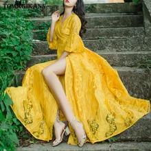 Lace Slit High Waist Long Dress 2019 Spring Solid Floral Flare Sleeve Three Quarter Women Dresses Vintage Holiday Dresses Lace Slit High Waist Long Dress 2019 Spring Solid Floral Flare Sleeve Three Quarter Women Dresses Vintage Holiday Dresses