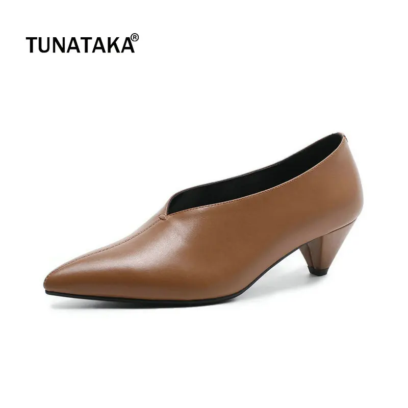 

Genuine Leather Comfort Spike Heel Pointed Toe Woman Lazy Pumps Fashion V-type Open Dress High Heel Shoes Woman Black Brown