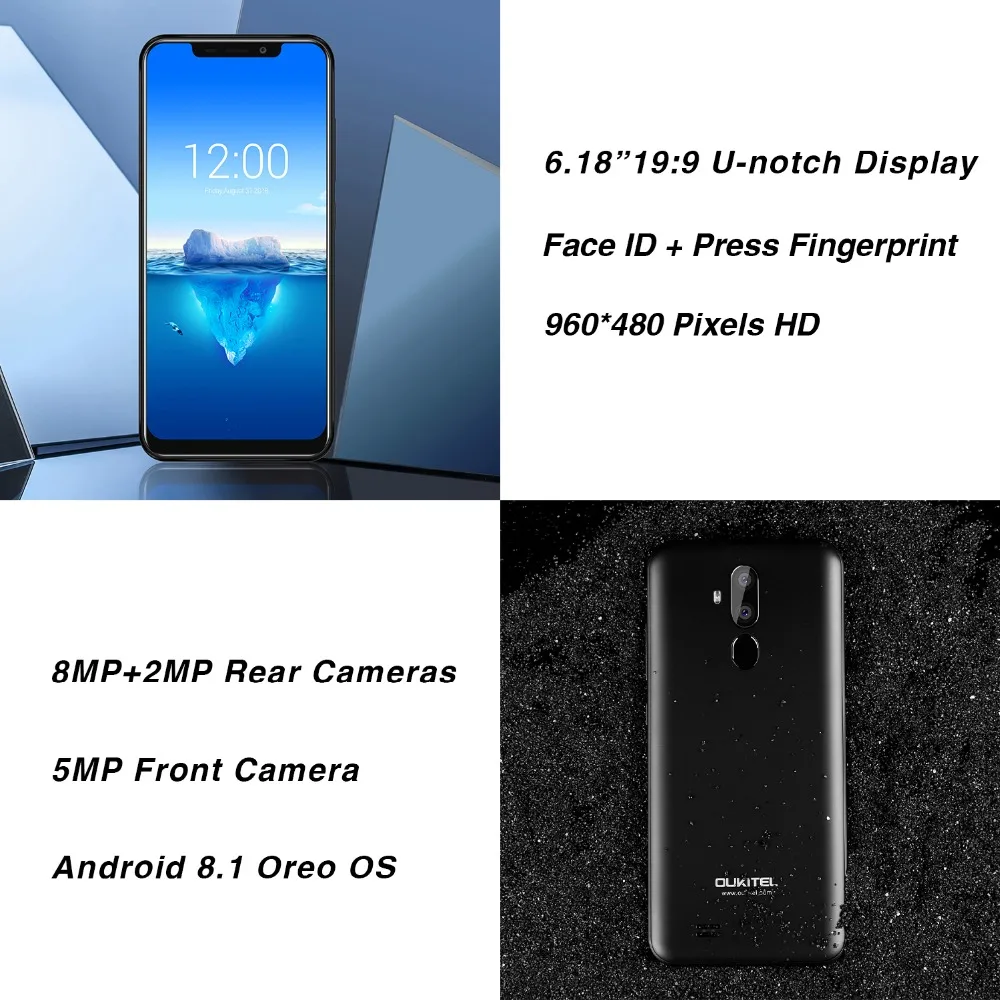Мобильный телефон OUKITEL C12 экран 6 18 дюйма 19:9 на базе Android 8 1 MTK6580 сканер лица 2 ГБ 16 3300