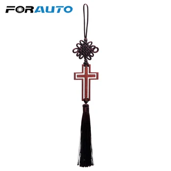 

FORAUTO Car Ornement Car Rear view Mirror Hanging Ornaments Hollow Cross Tassel Car Decoration Christian Wood Cross