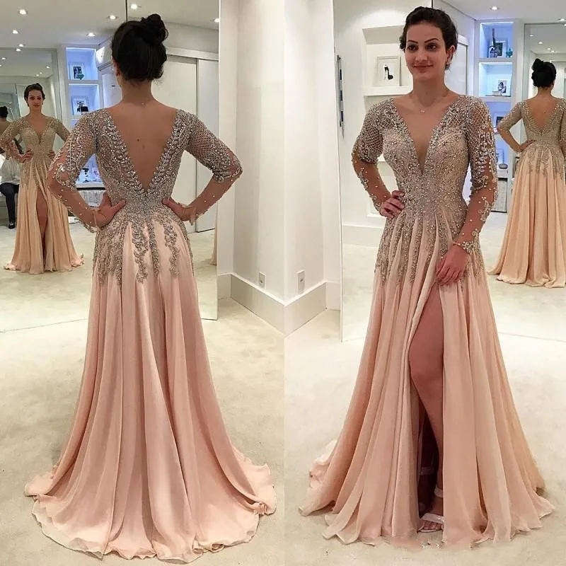 

Luxury Beaded Crystal Prom Dresses Long 2019 vestidos de fiesta de noche Deep V Neck Open Back Side Split Formal Evening Gowns