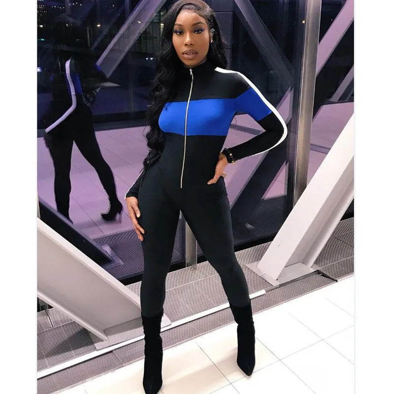 New Contrast Color Sexy Bodycon Jumpsuit Overall Causal Long Sleeve Skinny Jumpsuit Female Stripe Zipper Long Rompers Sportswear