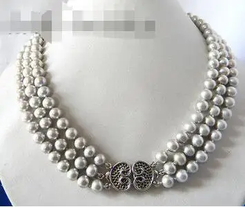 

Free Shipping >> new 3Strands 18'' 9MM Gray Round Freshwater Pearl Silver Necklace
