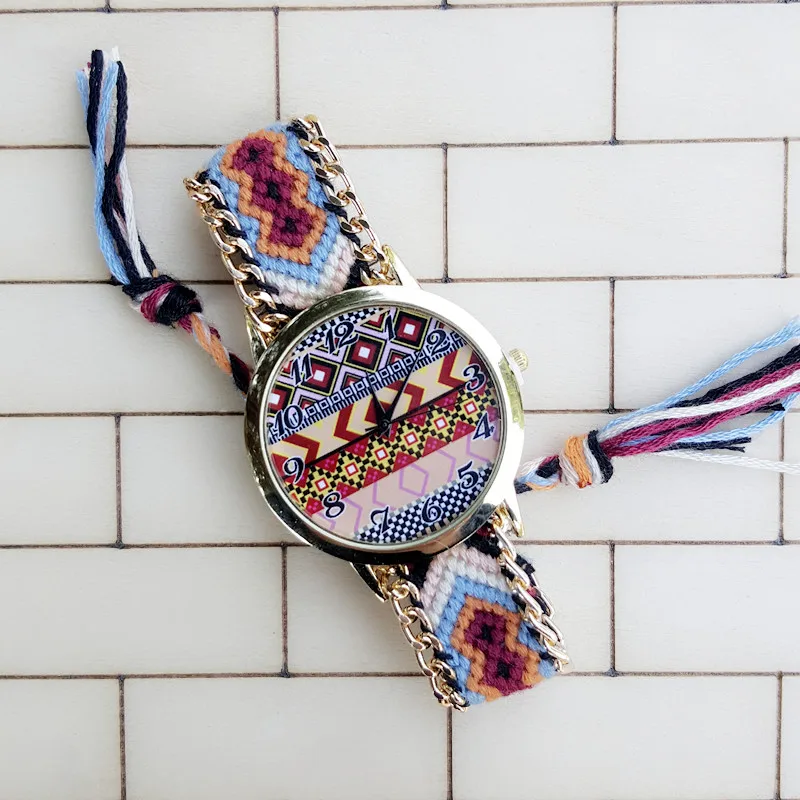 Aztec Мода Красочные Плетеный ручной работы Женева Для женщин кварцевые часы, новые Стиль дружбы Часы браслет Для женщин кварцевые часы - Цвет: Коричневый