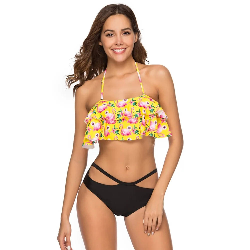 

Flamingo Print Bikini Set Women Low-waisted Lace Up Two Pieces Flounce Summer Brazilian Swimwear 2019 Bathing Suits Swimsuits