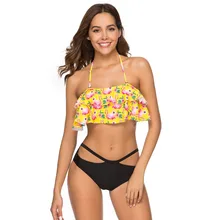 Flamingo Print Bikini Set Women Low-waisted Lace Up Two Pieces Flounce Summer Brazilian Swimwear 2019 Bathing Suits Swimsuits striped flounce bikini set