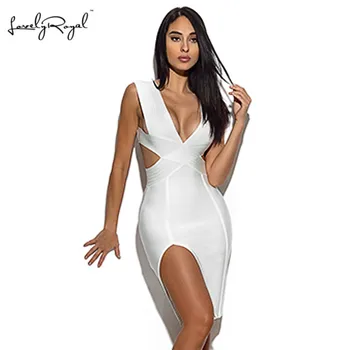 

LoveyRoyal 2018 Spring White Party Dress V-neck Backless Hollow Out Split Dress Bandage Clothing Sexy Women Dresses