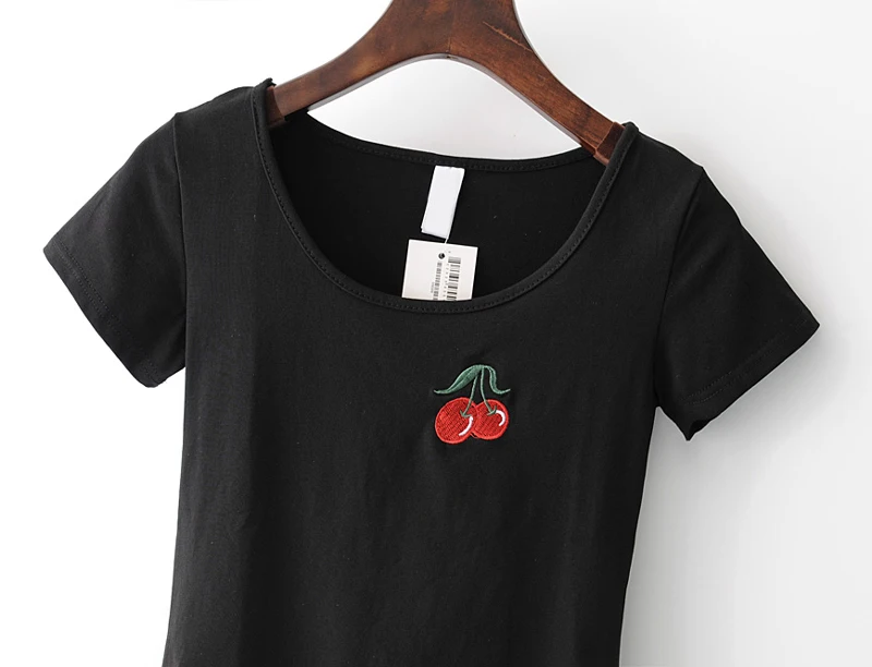 Women Short Sleeve Bodysuit with Embroidery cherry