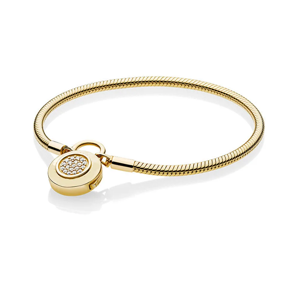 

Authentic 925 Silver Bracelet for Women MOMENTS Smooth Bracelet Signature Padlock Shine fit Lady Beads Charms pendants