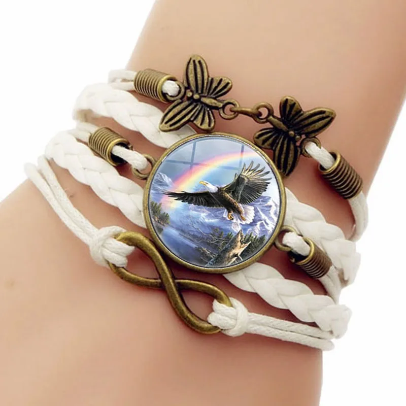 

Send men's best gift eagle wing photo DIY Tibet silver convex round glass handmade leather multi-layer woven trend bracelet
