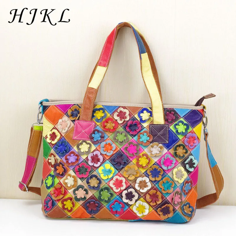 

HJKL Ladies Genuine Leather Shoulder Bags Women's Bag Handmade Appliques Patchwork Large Women's Casual Totes Satchels Colorful