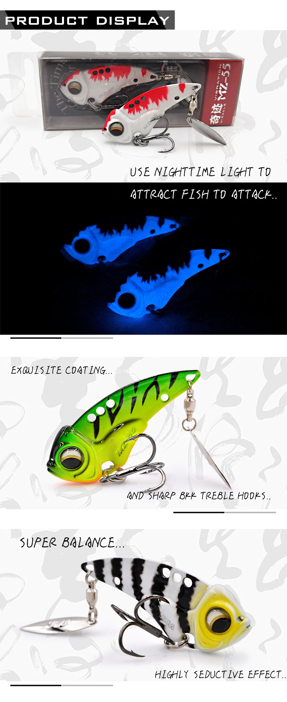 THETIME Marca MZ55 MZ60 Metal Vib Blade Glow Cicada Lure 55mm 60mm 13g 17gSinking Tail Spinner Iscas Bibe Para pesca de perca de lúcio iscas artificiais frete gratis