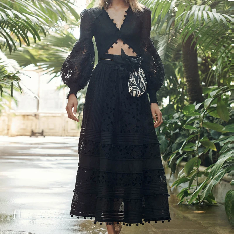 

SE Lace Long Party Summer Beach Elegant Embroidery Dress Sexy V Hollow Out Lantern Sleeve Length Ladies Dresses Femme