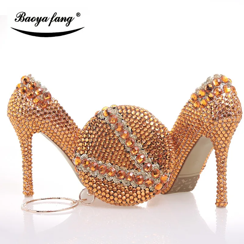 

Orange Crystal Womens wedding shoes with matching bags round ball High heels Party dress shoes and purse free shipping