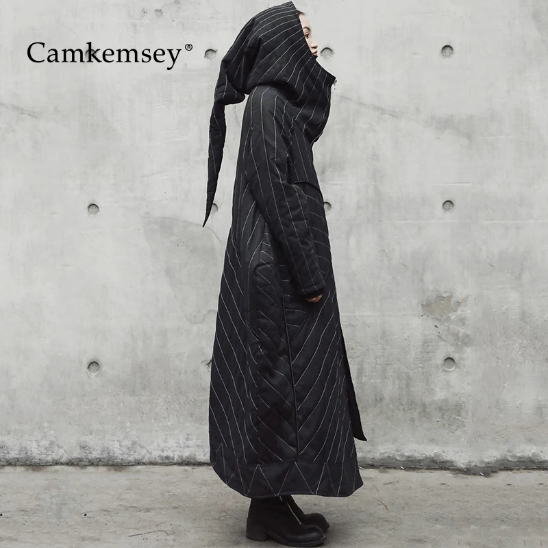 CamKemsey, зимнее пальто для женщин, Осеннее, с длинным рукавом, в черную полоску, свободное, большой размер, с капюшоном, длинная куртка для женщин, теплый пуховик, хлопковые парки