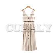CUERLY 2019 women striped backless maxi dress V neck sleeveless back bow tie pocket female dresses sexy stylish vestidos CUERLY 2019 women striped backless maxi dress V neck sleeveless back bow tie pocket female dresses sexy stylish vestidos