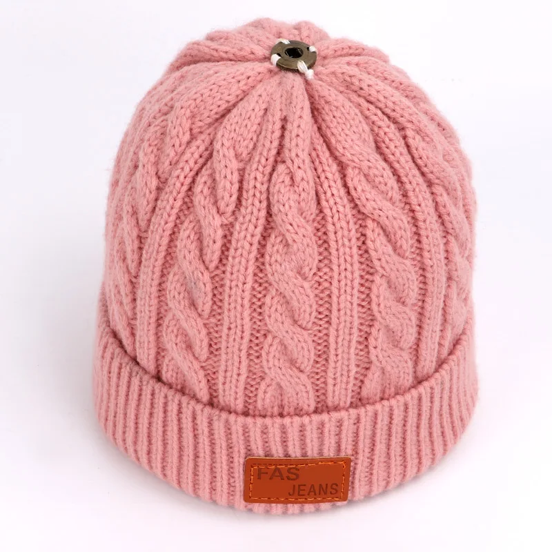Однотонные вязаные хлопковые шапки для детей; сезон осень-зима; Детские теплые лыжные шапки с помпонами для мальчиков и девочек; универсальная шапка с искусственным мехом - Цвет: Dark Pink