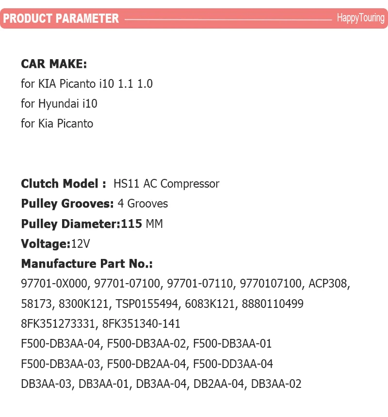 AC Compressor Magnetic Clutch Pulley for Hyundai i10 PA Kia PICANTO BA 1.0 1.1 G4HE G4HG 97701-07110 97701-07100 97701-0X000