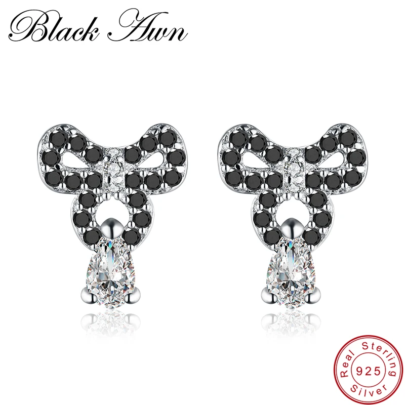 [BLACK AWN] Genuine 925 Sterling Silver Jewelry Bow knot Black Spinel