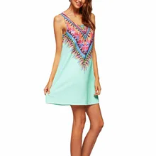 Women Summer Dress Casual Boho Mini Beach Dress Floral Print Tunic Sleeveless Short Chiffon Dress Vestido de renda