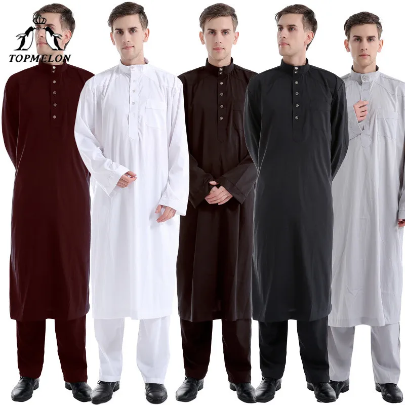 

TOPMELON Mens Kaftan Jubba Thobe Muslim Clothing Set for Men Two Piece Islamic Turkish Robes & Pants Sets White Black Brown Grey