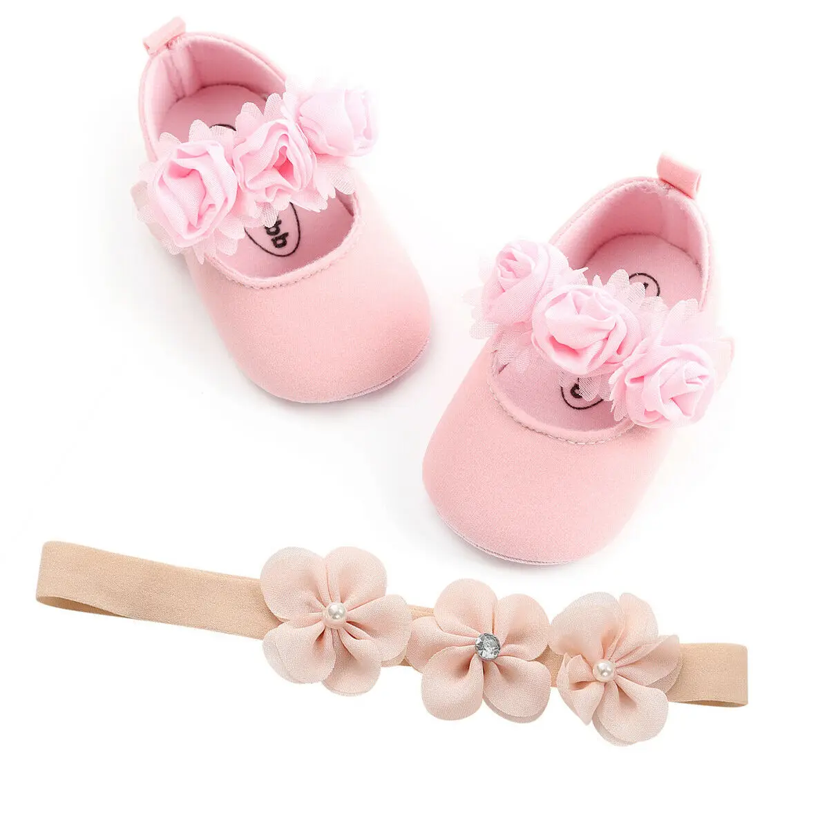 Комплект одежды для новорожденных мальчиков и девочек обруч и туфли для младенцев 2 шт. с цветами кружевное платье трапециевидной формы в мягкая подошва обуви - Цвет: Розовый