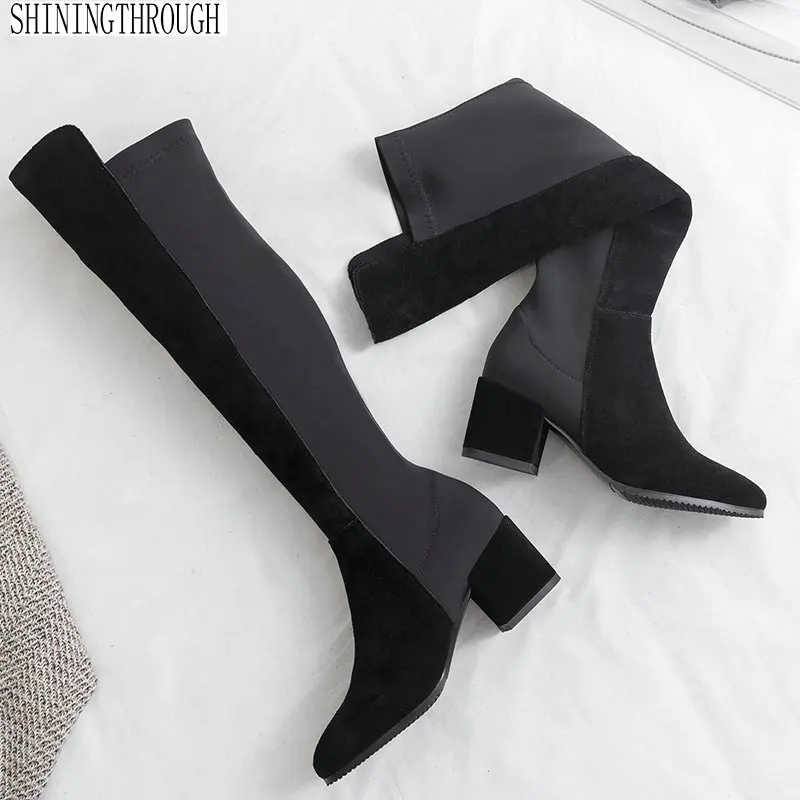 

patchwork Women boots high heels over the knee boots ladies dress shoes woman suede leather autumn winter boots large size 43