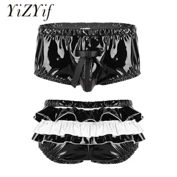 

YiZYiF Mens Underwear Panties Wet Look Patent Leather Lingerie Zippered Bulge Pouch Back Frilly Ruffled High Cut Low Rise Briefs
