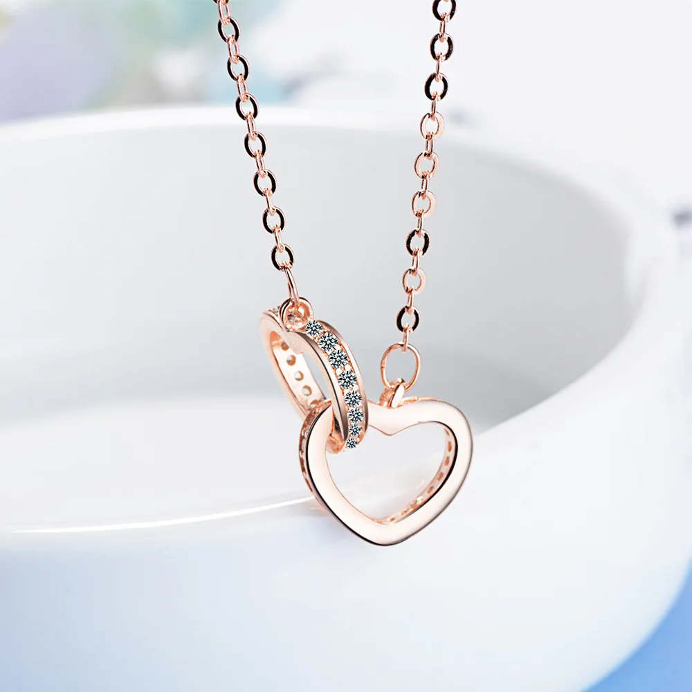 Модное ожерелье из стерлингового серебра 925 пробы, подвеска из розового золота, двойное сердце, кристальная Подвеска для женщин, корейское ювелирное изделие с цепочкой, подарок