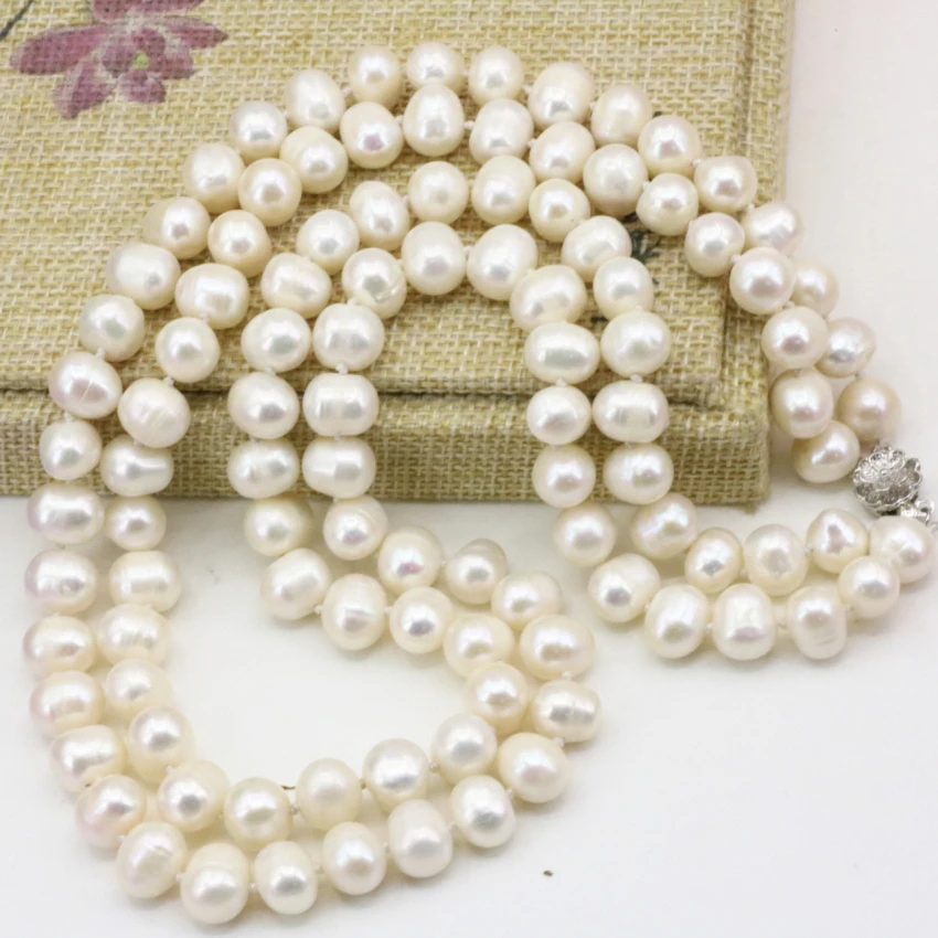 8-9 мм Пресноводный Культивированный натуральный белый жемчуг бусы 2 ряда ожерелье для женщин цепь Чокер Модные подарки Ювелирные изделия 18 дюймов B3229