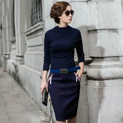 women Knitted dresses 2016 spring and autumn o-neck A-Line sashes slim dress three quarter dark bule dress women Knitted dresses 2016 spring and autumn o-neck A-Line sashes slim dress three quarter dark bule dress