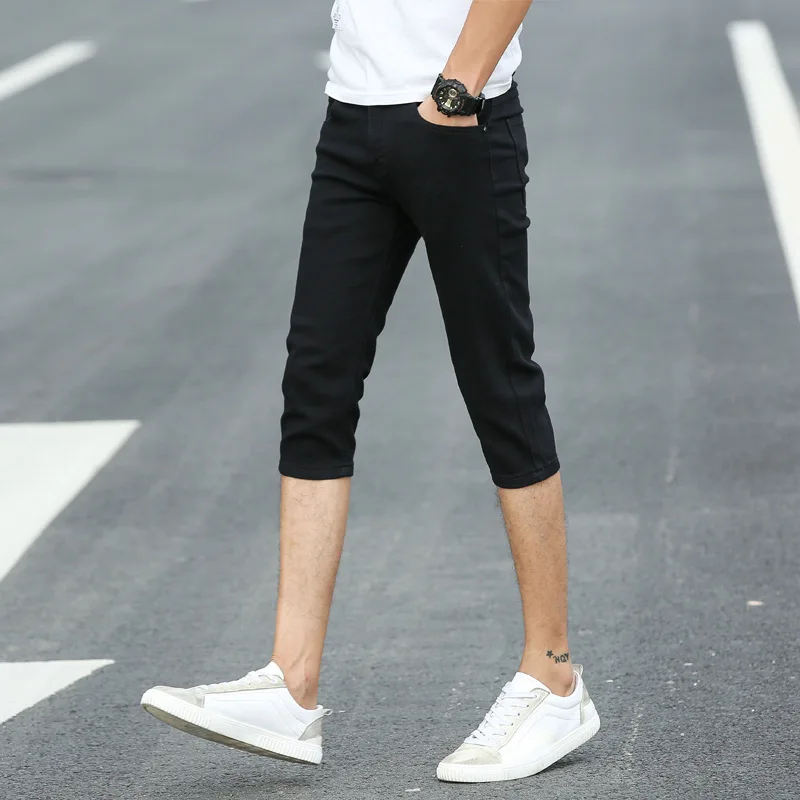 

Fashion Skinny Men Jeans Hip Hop Slim Elastic Washed Ripped Pants Men's Calf Length Denim Biker Jeans Plus Size